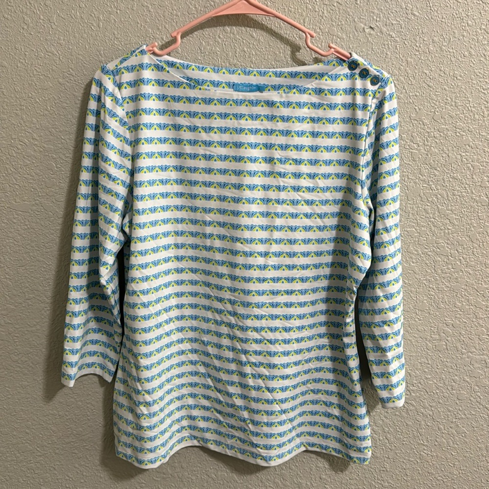 J. McLaughlin 3/4 Sleeve Blue Green White Striped Shirt Large